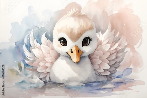 adorable, cute, funny, soft wild baby swan in watercolor with big eyes, kids illustration 