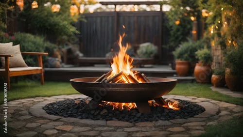 a fire pit on the luxury patio in the backyard photo