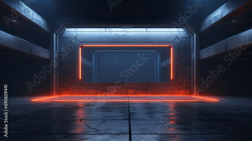 Open space dark room neon lights architecture, 3D rendering with empty space for product presentation