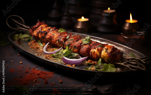 Seekh Kebab Plated on a Dark Background with Garnish