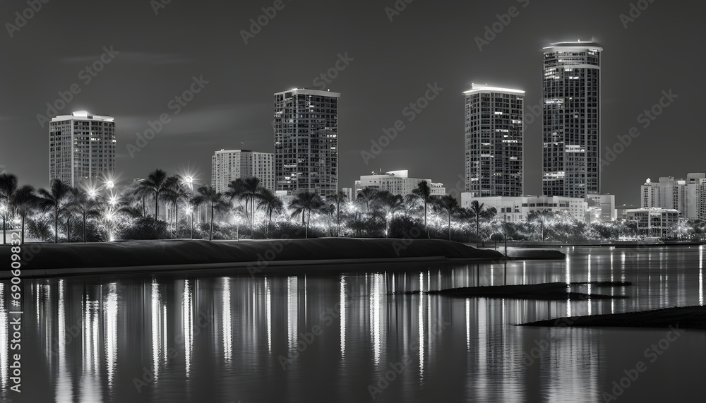 City skyline at night in West Palm Beach in black and white theme