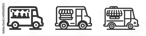 Street food truck icon set, pack, collection template. Vector line trade van illustration. Mobile cafe car logo background.