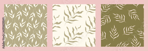 Set of botanical patterns with leaves. Seamless minimal background