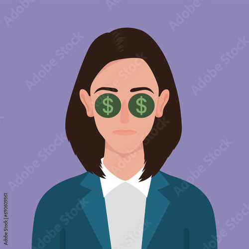 Greedy businesswoman with dollar eyes.Dollar eyes greedy man concept. illustration vector cartoon.