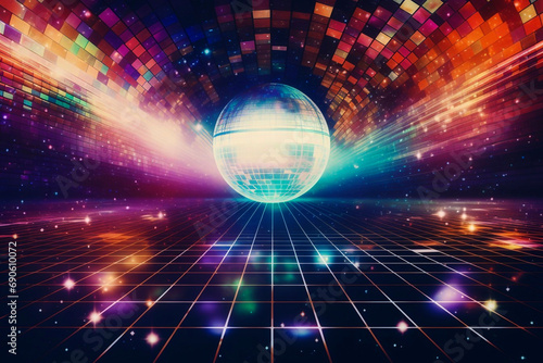 A concert stage and disco with a shimmering disco ball and neon lights.
