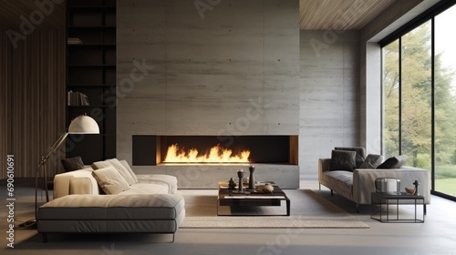 Minimalistic living room interior with a fireplace
