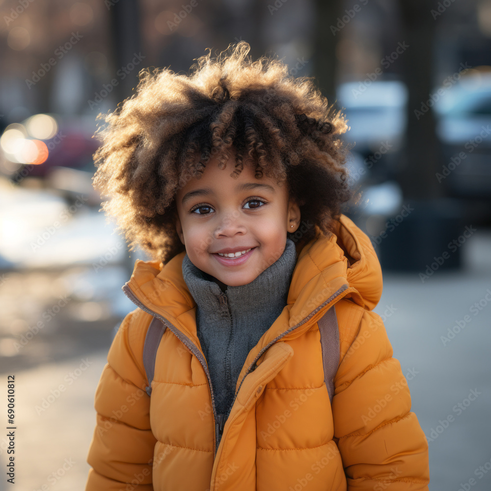 Happy little african girl in a winter coat. Portrait of a small girl in a jacket smiling on the background of a snowy winter street looking at the camera. Happy black child wearing warm winter clothes Happy little african girl in a winter coat. Portrait of a small girl in a jacket smiling on the background of a snowy winter street looking at the camera. Happy black child wearing warm winter clothes