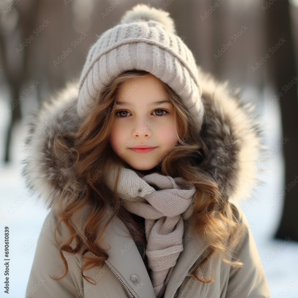 Happy little girl in a winter coat. Portrait of a small girl smiling in a jacket on the background of a snowy winter forest looking at the camera. Happy caucasian child wearing warm winter clothes. Happy little girl in a winter coat. Portrait of a small girl smiling in a jacket on the background of a snowy winter forest looking at the camera. Happy caucasian child wearing warm winter clothes.