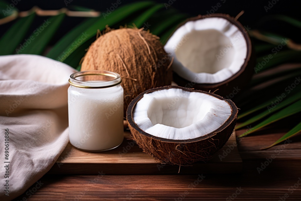 Rich coconut oil in jar on a wooden serving board, surrounded by fresh coconuts and palm leaves Rich coconut oil in jar on a wooden serving board, surrounded by fresh coconuts and palm leaves