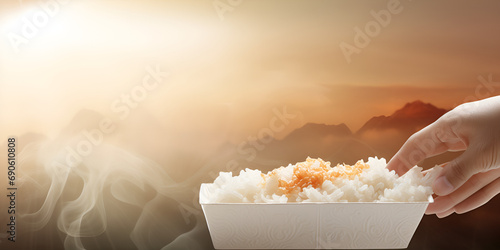 Hot steamed glutinous rice in a bowl It is a rice variety that is popularly grown for consumption by northern people. and the northeastern region of Thailand. Soft and selective focus. generative Ai photo