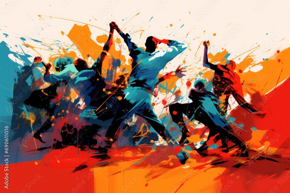 group dance illustration with splatters of vibrant colors, energetic dance moves and urban style - obrazy, fototapety, plakaty 