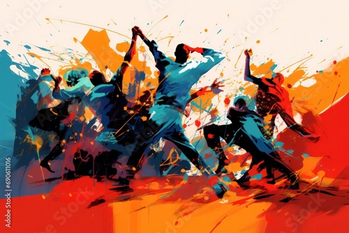 group dance illustration with splatters of vibrant colors, energetic dance moves and urban style photo