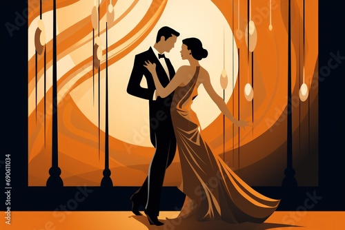 Elegant illustration of a couple ballroom dancing, warm orange tones classic dance hall ambiance photo