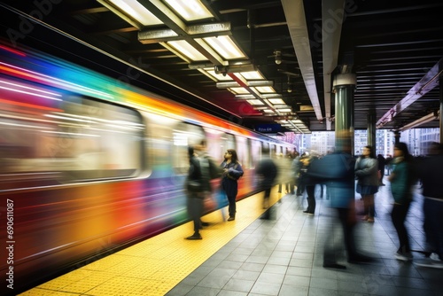 Colorful subway train in motion at station passengers waiting, capturing hustle of urban life