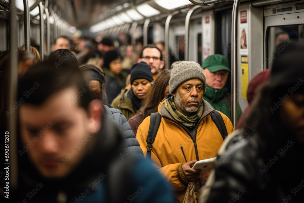crowded subway car during peak commuting hours, highlighting the personal space of city life