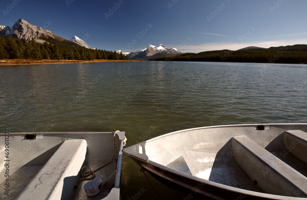 Rowboats on Maligne Lake in Jasper National Park