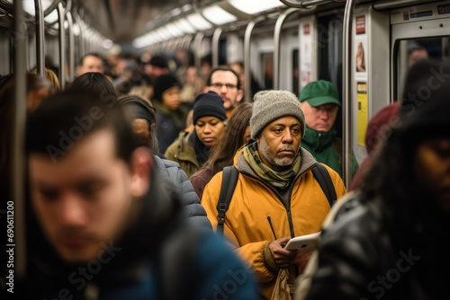 crowded subway car during peak commuting hours, highlighting the personal space of city life