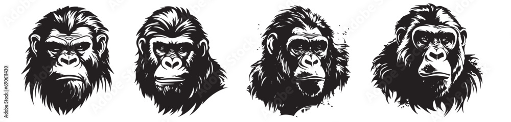 Set of angry gorilla and monkey heads, black and white illustrations