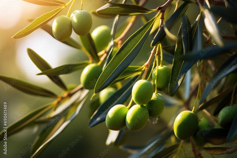 Fototapeta premium Ripe olive fruits on tree branches, bathed in the warm glow of the setting sun, ready for harvest