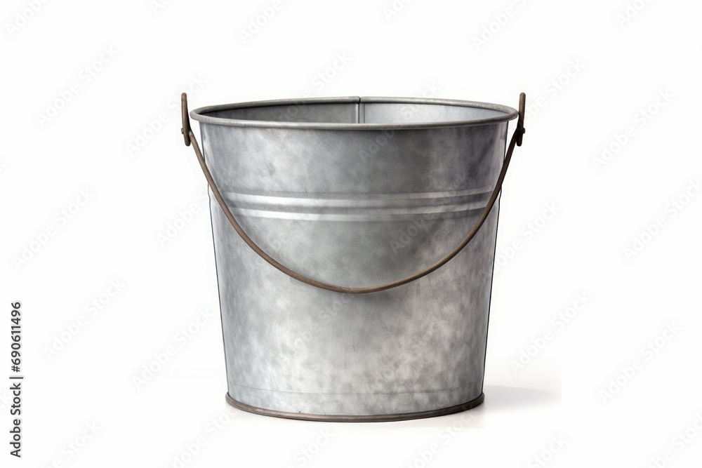 Front view of empty unpainted tin bucket isolated on white Front view of empty unpainted tin bucket isolated on white