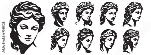 Set of female heads made in the style of black and white Greek logo depicting a statue, woman sculpture, black and white vector illustrations photo