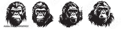 Set of angry gorilla and monkey heads  black and white illustrations