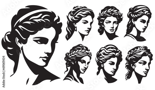 Set of female heads made in the style of black and white Greek logo depicting a statue, woman sculpture, black and white vector illustrations