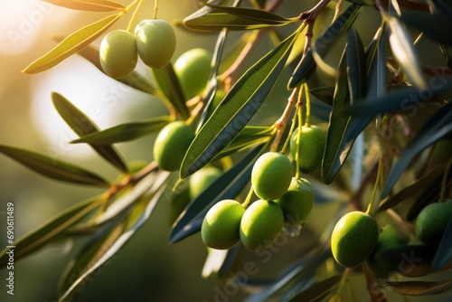 Ripe olive fruits on tree branches, bathed in the warm glow of the setting sun, ready for harvest
