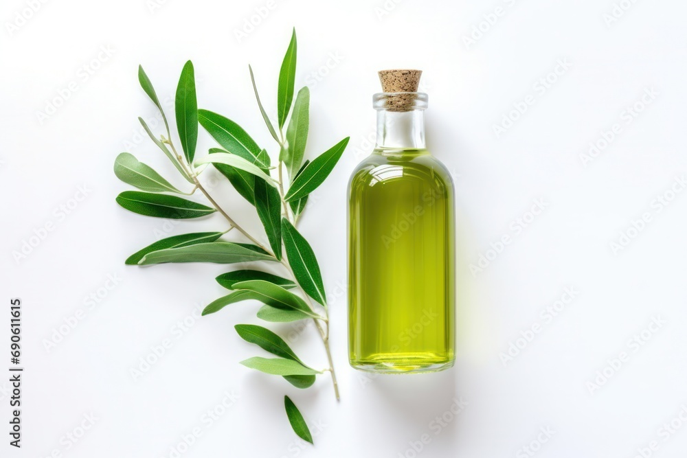 A clear glass bottle of olive oil accompanied by fresh green olive branches on a white background A clear glass bottle of olive oil accompanied by fresh green olive branches on a white background