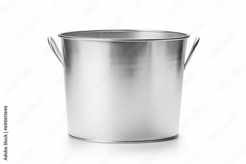 Front view of empty unpainted tin bucket isolated on white Front view of empty unpainted tin bucket isolated on white