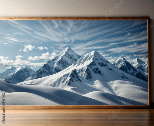 Snowy mountain panoramic winter landscape on a frame photo