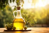Sun-kissed olive oil in a jug with olives, on a wooden table, evoking a sense of harvest time