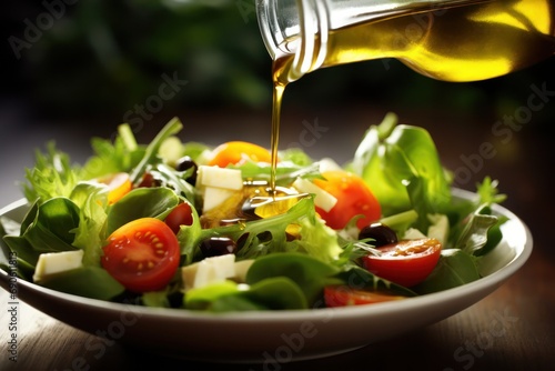 Olive oil drizzling on fresh mixed salad, vibrant and healthy meal