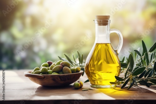 Luminous olive oil in elegant carafe with green olives, radiant light filtering.