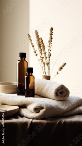 Spa essentials with amber bottles and a cozy towel  wheat stalks  for natural wellness atmosphere