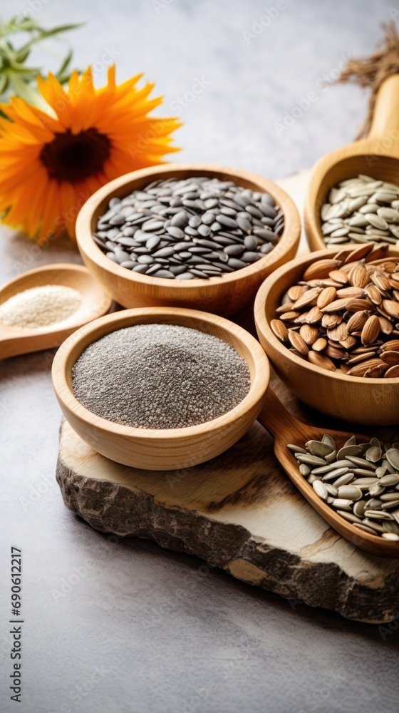 Assorted seeds in wooden bowls on rustic slab, concept of seed cycling and hormone balance