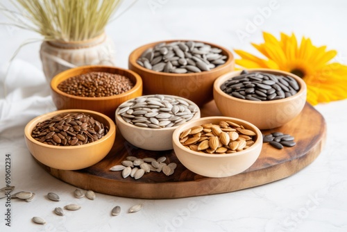 Variety organic seeds on wooden board, health-focused nutrition for hormone balance, seed cycling. photo