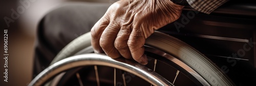 Close-up of an elderly hand gripping a wheelchair wheel, highlighting the challenges of mobility