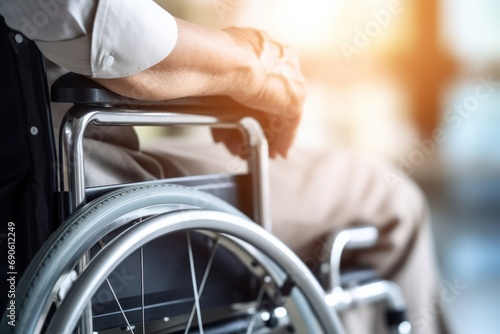 Elderly person's hand on wheelchair wheel in warm light, capturing the concept of aging and care