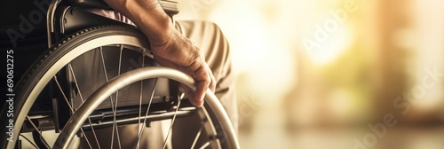 banner picture of an older man's hand on a wheelchair wheel, reflecting life with a disability photo