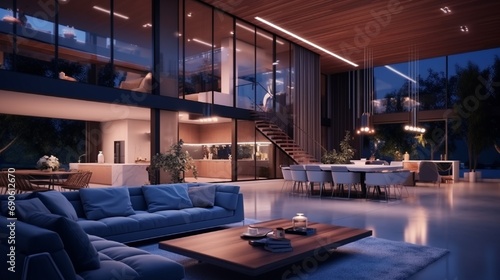 Luxury house interior with living room and the kitchen with tables, chairs, sofas with the flashing lights at night