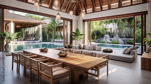 Luxury interior design in living room of pool villas. Airy and bright space with high raised ceiling and wooden dining table