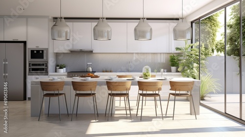 Luxury kitchen chairs and hanging lights with white walls in a modern house with the sunlight illumination to the ceramic counter beside a silver fridge