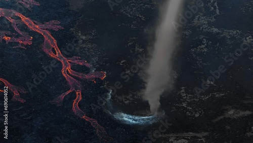 Dramatic shot of area near an active volcano, eruption producing red hot lava and pyroclastic flows, lahars, landslides and debris flows, aerial view.