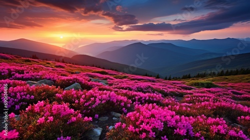 Summer sunset view in the Carpathians Carpet of flowering rhododendron flowers covered mountain ranges beneath a deep red sky.