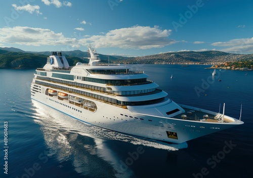   Aerial view of beautiful white cruise ship above luxury cruise close up at stern of cruise sail with contrail in the ocean sea concept smart tourism travel a vacation time on summer  
