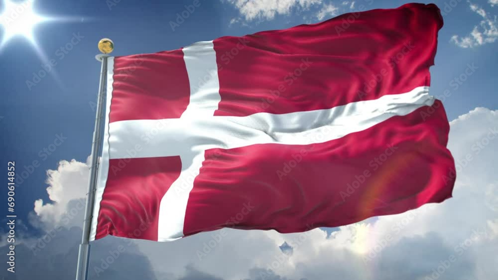 Denmark animated flag in the wind with blue sky