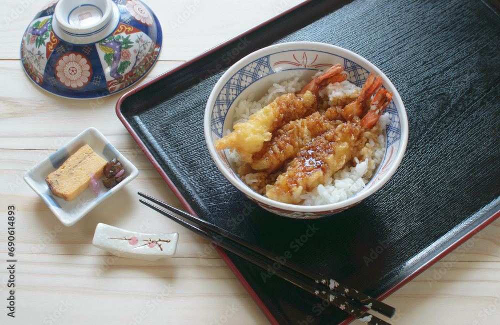 Tempura Donburi (Tendon) is crisp tempura laid over freshly steamed