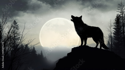 Moonlit Mystique: Stark Silhouette of a Wolf Under a Full Moon in Mysterious Greys