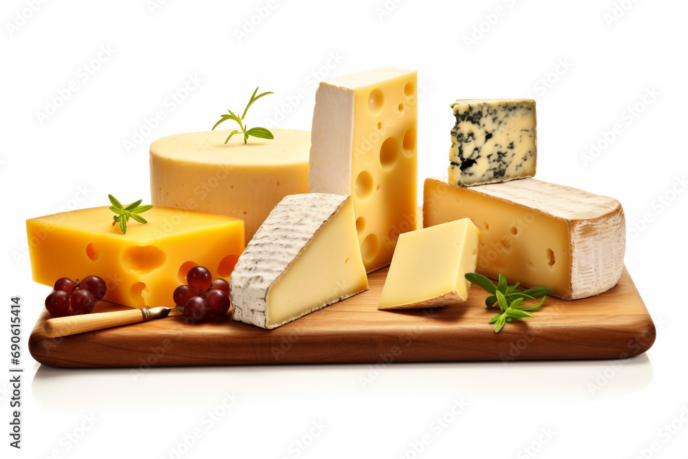 Variety of cheeses on a wooden plate, cutting board. Cheese serving. AI generated. Variety of cheeses on a wooden plate, cutting board. Cheese serving. AI generated.